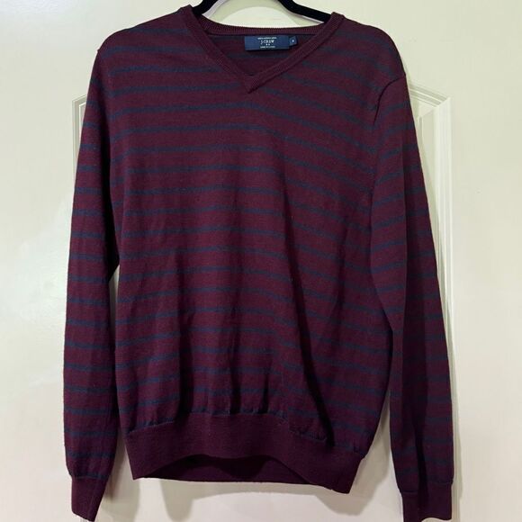 J. CREW V-Neck 100% Merino Wool Sweater Maroon Blue Striped Mens Size Medium - Picture 1 of 4